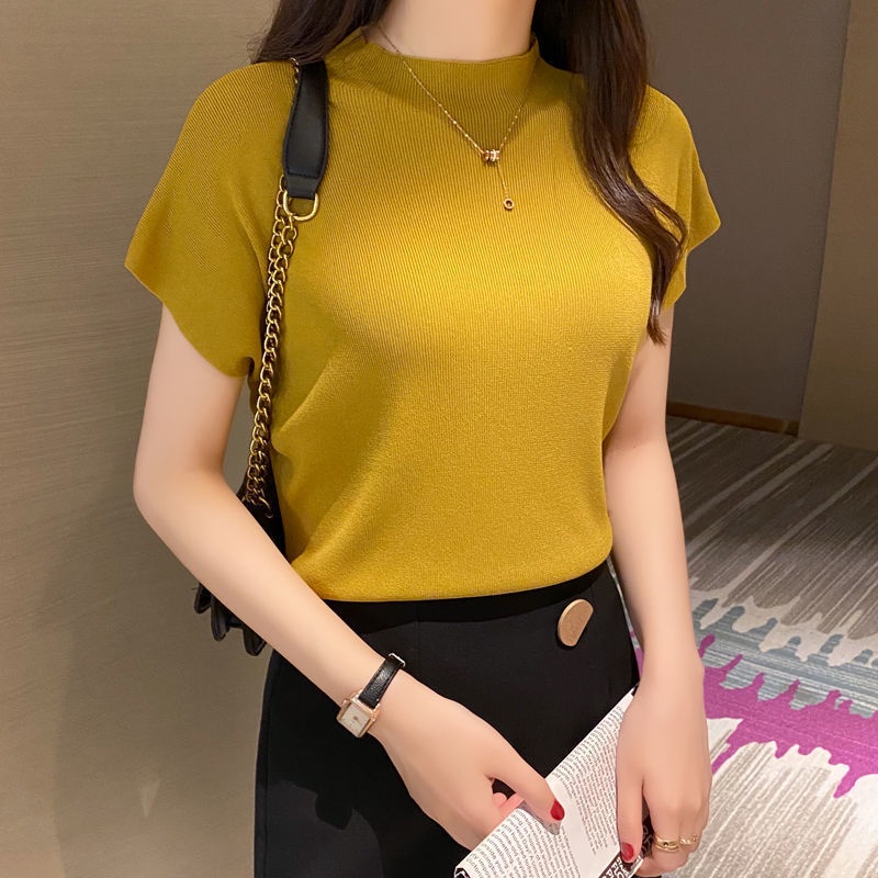 [Giao Ngay] Áo Dệt Kim Ngắn Tay Cổ Lọ Dáng Ôm Thời Trang Xuân Hè Phong Cách Mới Cho Nữ