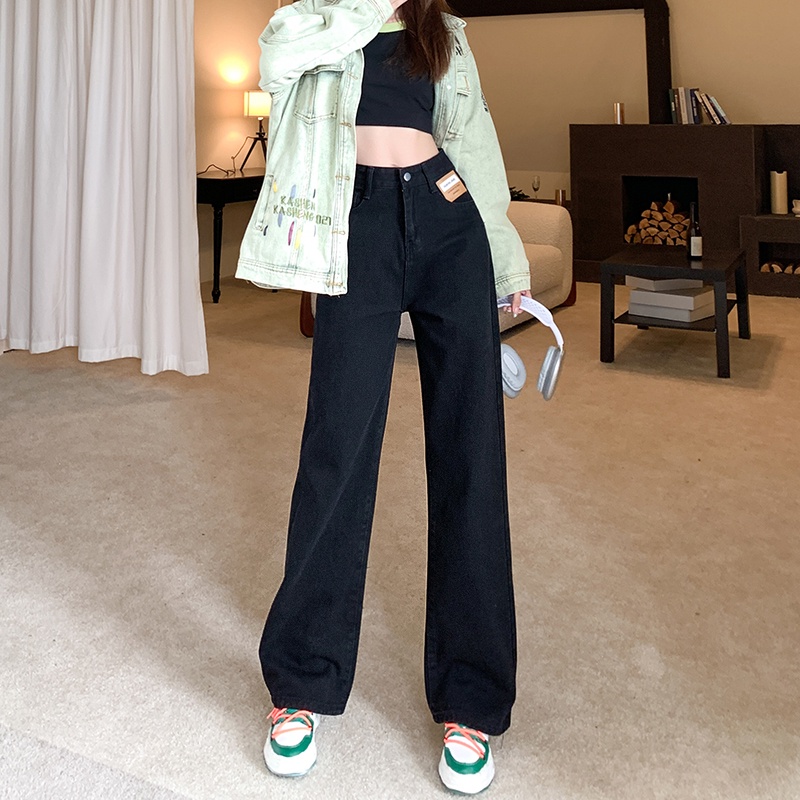 Quần jean SUXI cho nữ thiết kế dài lưng cao ống rộng màu đen thời trang mùa thu cá tính