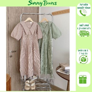 Váy kẻ xốp cổ sơ mi tay bồng chất mát mềm