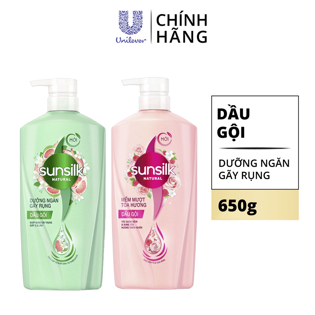 Dầu gội Sunsilk Natural 650g thành phần 100% thiên nhiên cho mái tóc tỏa hương sống động 48h và giảm gãy rụng gấp 2,5lần