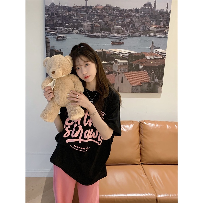 Áo Thun Ngắn Tay Dáng Rộng In Chữ Thời Trang Mùa Hè Hàn Quốc