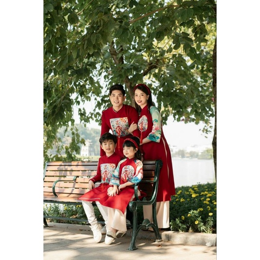 Áo dài bé trai bé gái long phụng, áo dài gia đình chất tafta phối tay in lạ mắt - Áo Dài Sài Gòn H&T