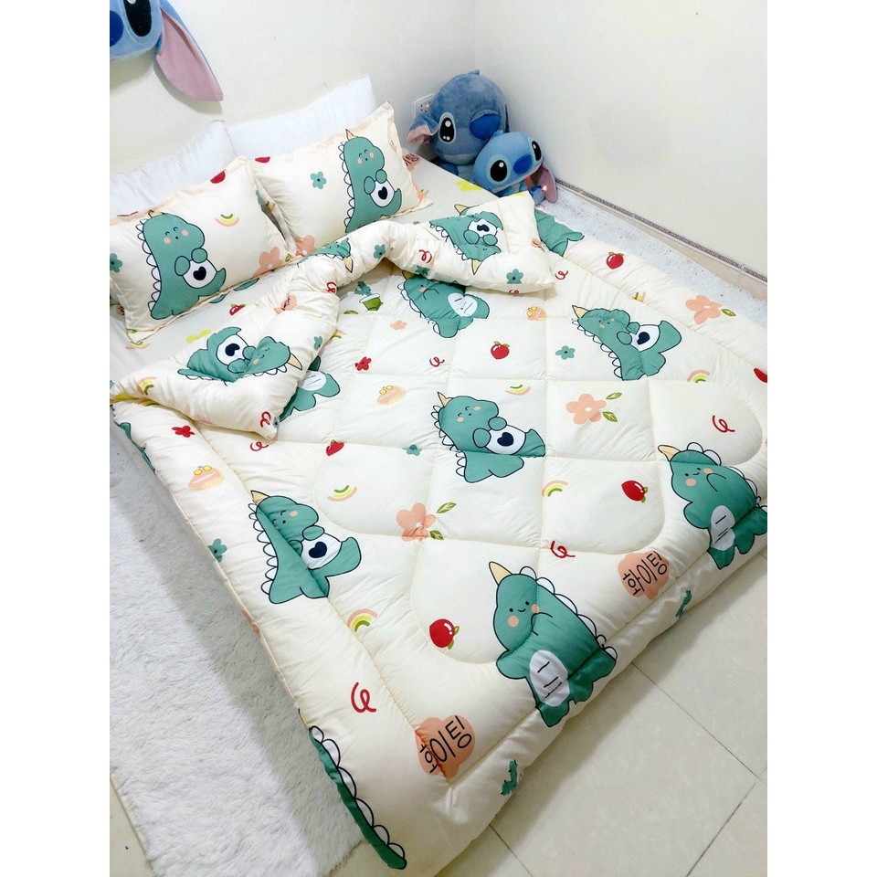 (Freeship + SALE)  Trọn bộ 5 món ga gối chăn mền phao poly cotton mẫu Thổ cẩm trắng có ruột bông dày (nhắn chọn mẫu)