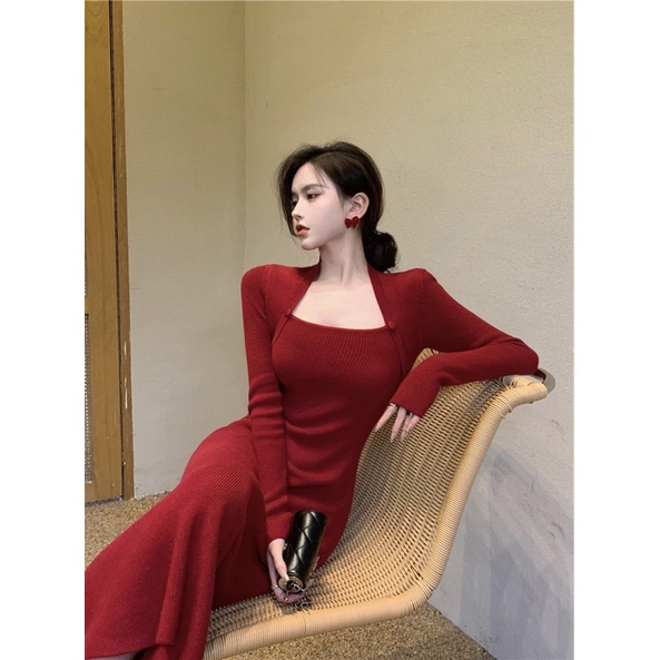 💚 ĐẦM MIDI ĐỎ NÚT BỌC TAY DÀI 🌸