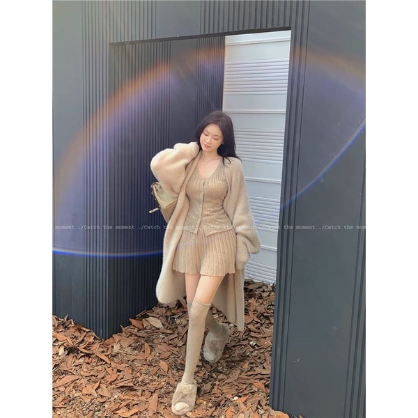 Set  Áo cardigan ôm +Chân váy ly len dệt kim ulzzang - ORD