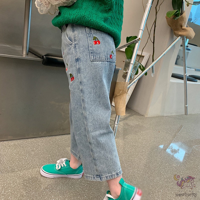 Quần Jean Dài Dáng Suông Rộng Lưng Thun Thêu Hình Cherry Kiểu Hàn Quốc Dễ Thương Cho Bé Gái