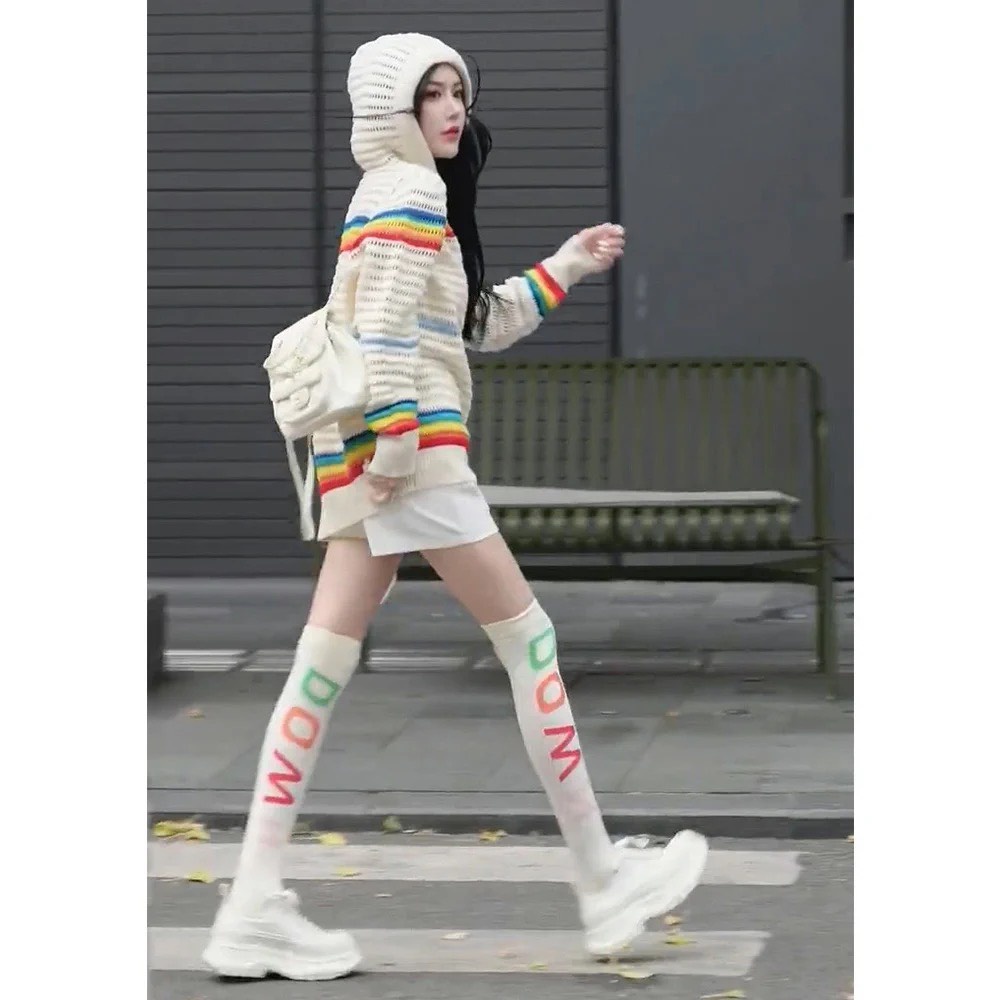 Áo len nữ có mũ phối màu trắng đỏ, Áo hoodie len quảng châu đẹp ulzzang kiểu hàn form rộng dễ thương