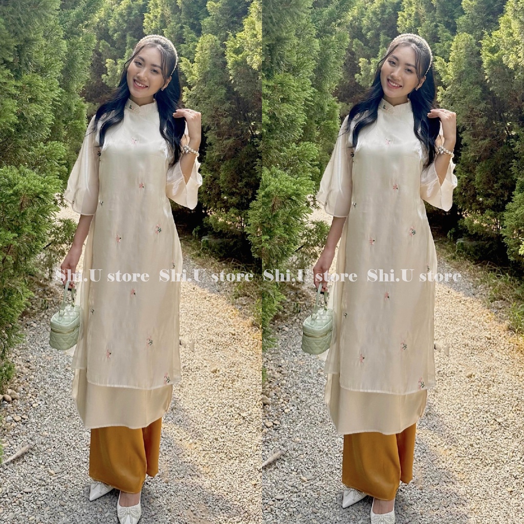 Set áo dài cách tân Tết voan tơ thêu hoa 4 tà nhiều màu xinh xắn