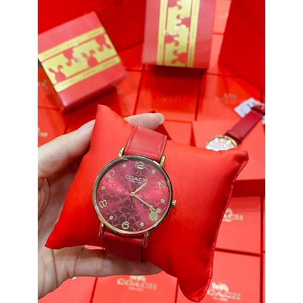 Đồng hồ Coach chống nước 3M, máy Miyota, kiểu dáng thời trang, bản dây da thật, màu đỏ may mắn phát tài