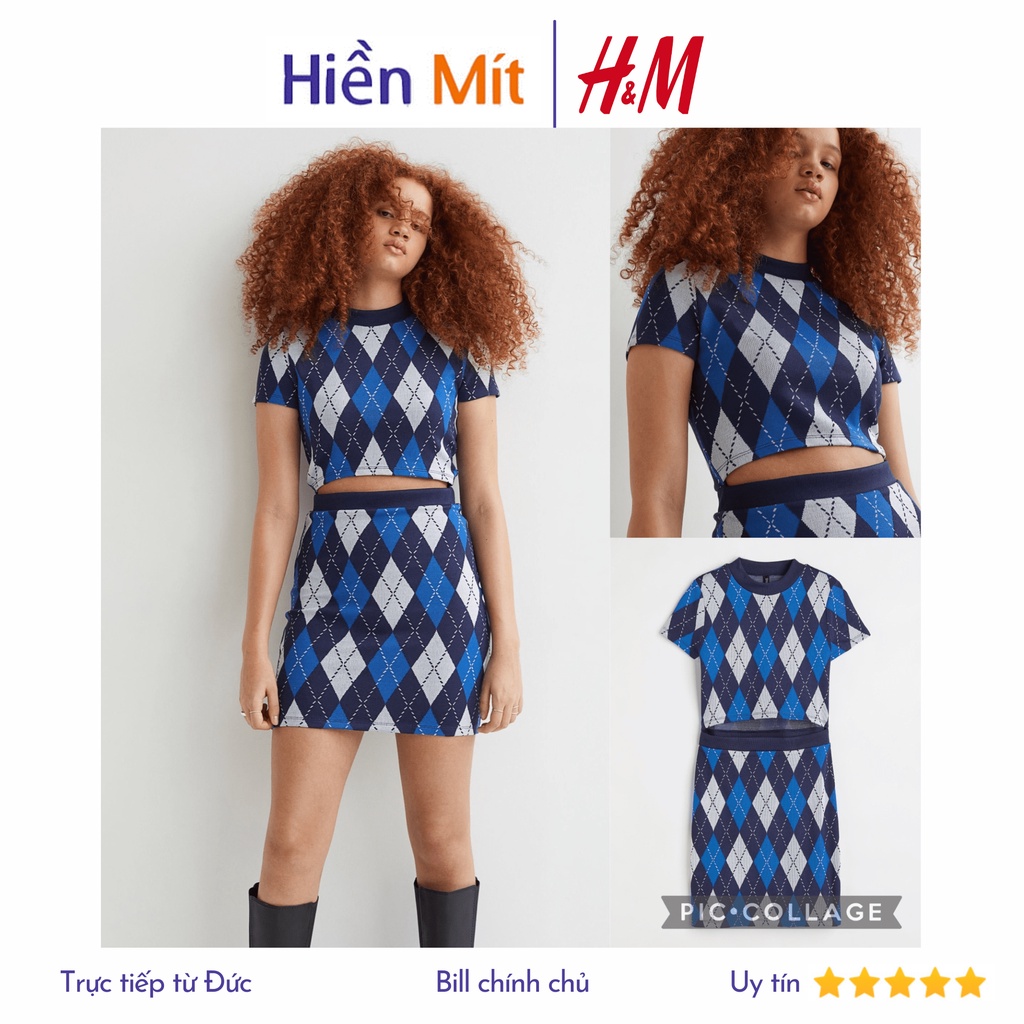 H&M Đức - Đầm body dệt kim cổ tròn cut-out màu xanh lam đậm họa tiết sale auth new tag cao cấp chính hãng 1025934008