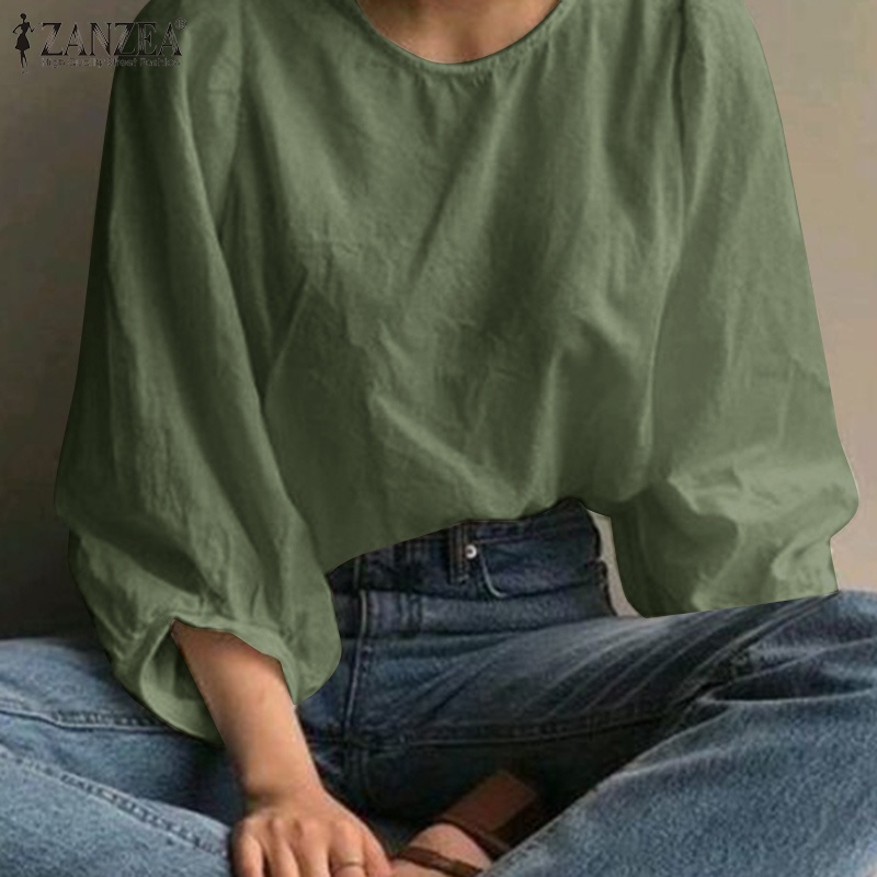 Áo kiểu ZANZEA tay 3/ 4 chất liệu cotton cổ tròn thời trang Hàn Quốc dành cho nữ