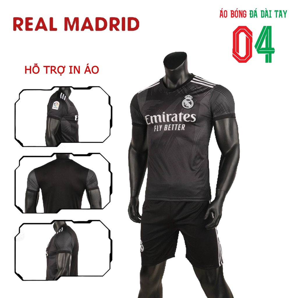 Bộ Quần Áo Bóng Đá Thun Thái CLB Real Madrid Đen Viền Trắng