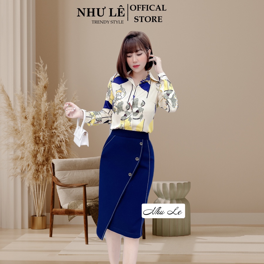 Áo sơ mi nữ lụa dài tay cao cấp công sở họa tiết lá ô chéo vàng xanh nền trắng sữa , áo sơ mi thiết kế NHƯ LÊ