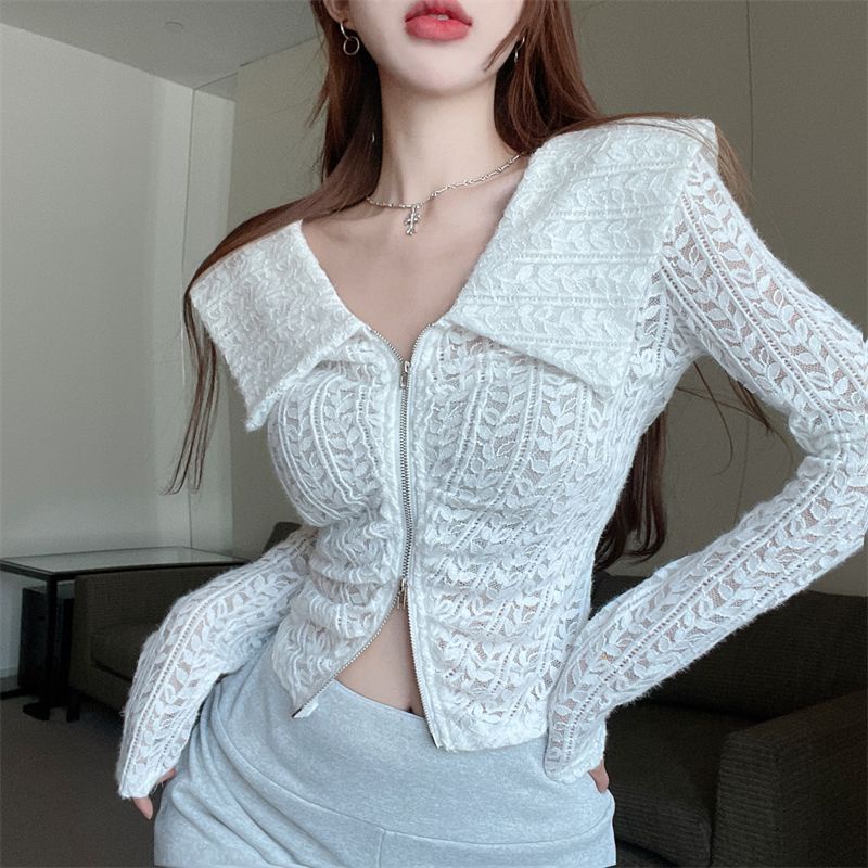 COZOK Áo Ren Trễ Vai Tay Dài Khoá Kéo Màu Trơn Thiết Kế Cổ Chữ V Thanh Lịch