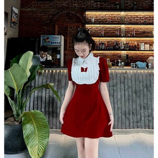 đầm nhung nơ ngực xếp ly chuẩn form dáng xoè noel tết