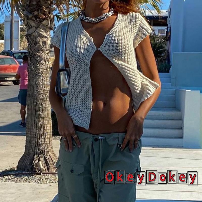 Áo Thun Dệt Kim Cổ Chữ V Cài Nút Cổ Điển Cho Nữ OKDK-Y2k