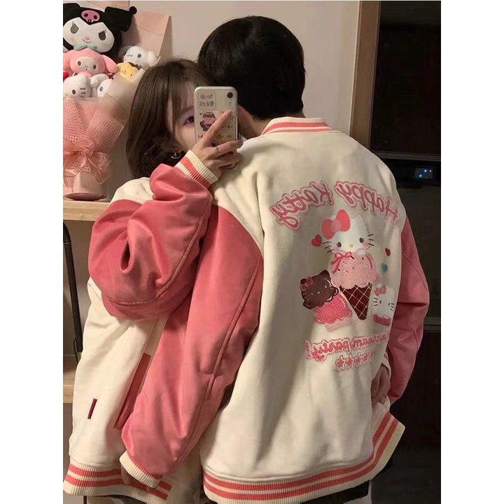 Áo Khoác Bóng Chày Vải Lông Cừu Dày Dáng Rộng In Hình Hello Kitty Kiểu Nhật Hàn Thời Trang Thu Đông Cho Cặp Đôi