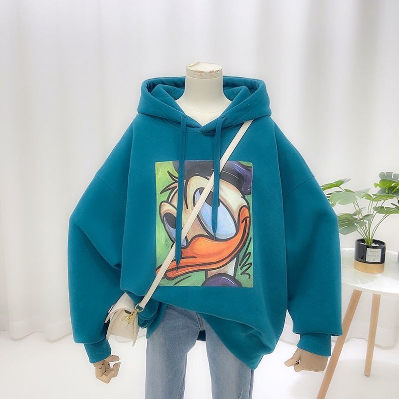 Áo Hoodie Tay Dài Dáng Rộng Lót Lông Cừu Dày In Hình Vịt Phong Cách Hàn Quốc Thời Trang Mùa Đông Mới 2022