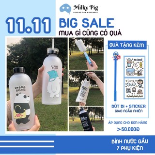 Bình Nước detox Gấu Bear 1000ml chống vỡ - Bình đựng Nước  We Bare Bear My Bottle  Kèm 7 Phụ Kiện