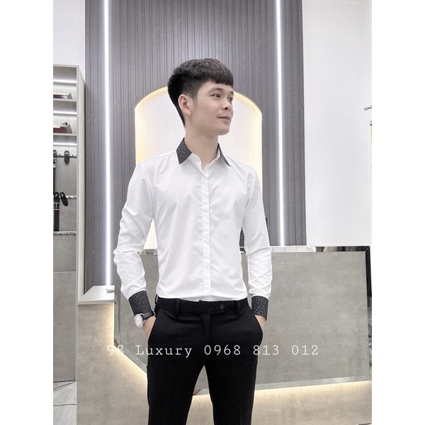 Sơ mi thiết kế sơ mi phối hoạ tiết tay và cổ vải lụa đen