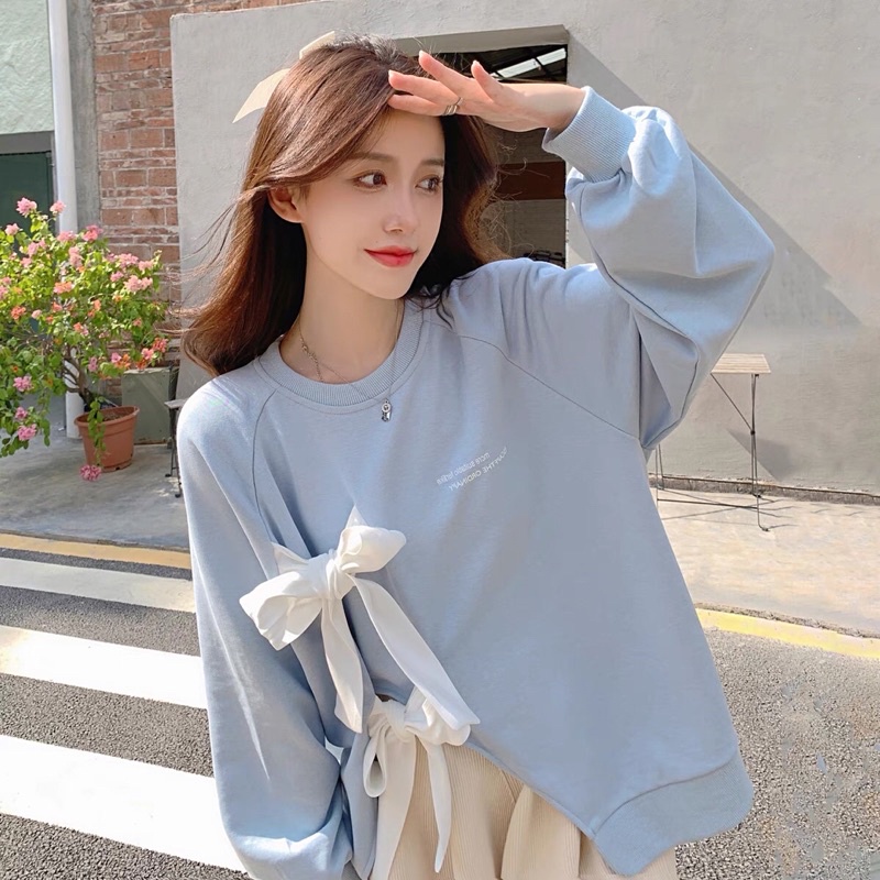 Váy thu đông áo sweater tiểu thư buộc nơ + chân váy cạp chun co giãn