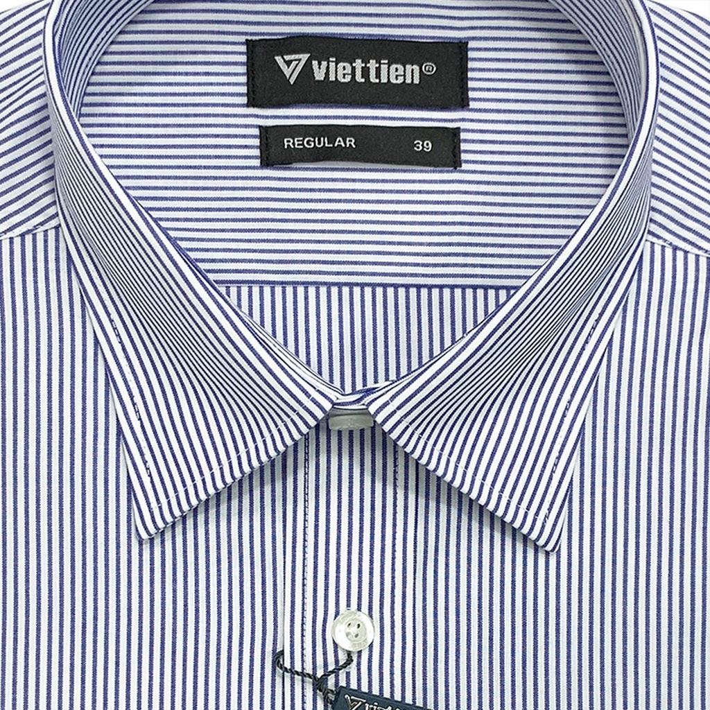 Viettien - Áo sơ mi nam ngắn tay vạt bầu kẻ sọc xanh 1N3649 regular