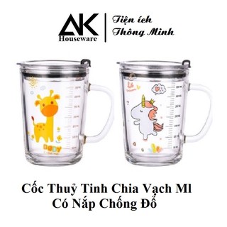 Cốc thủy tinh chia vạch có tay cầm, Cốc pha sữa chia vạch cho bé có tay cầm và ống hut tiện dụng Dung tích 400ml