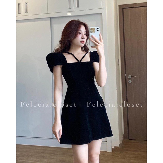 [12/12 Sale Fresship] Đầm chất nhung cổ vuông tay ngắn đi chơi dạo phối,đầm thời trang đi tiệc dáng xòe siêu xinh mtb