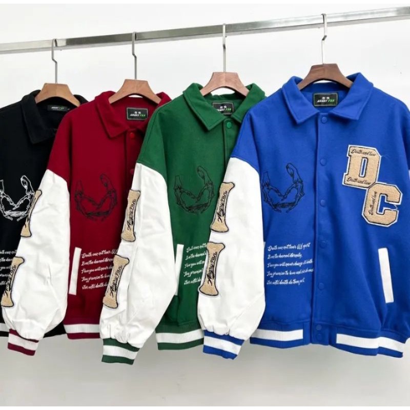 Áo khoác bomber nữ, áo varsity jacket nam nữ form rộng màu xanh lá chất nỉ dạ đẹp thời trang