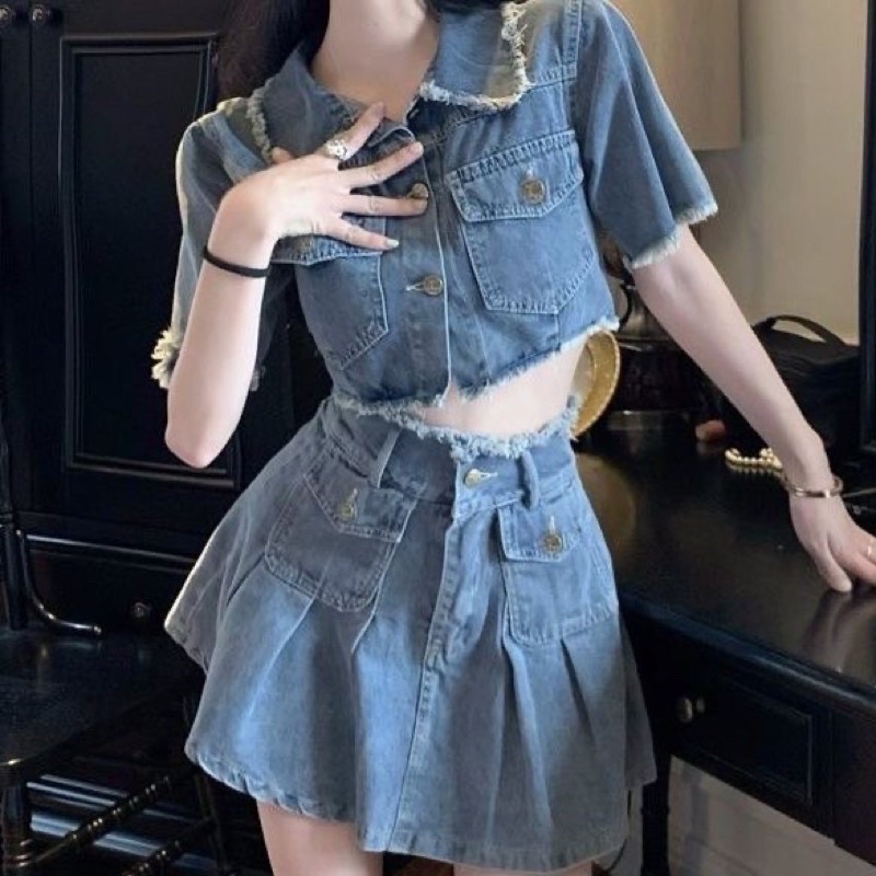 Set jeans áo kiểu kèm chân váy uzzlang hàng siêu đẹp