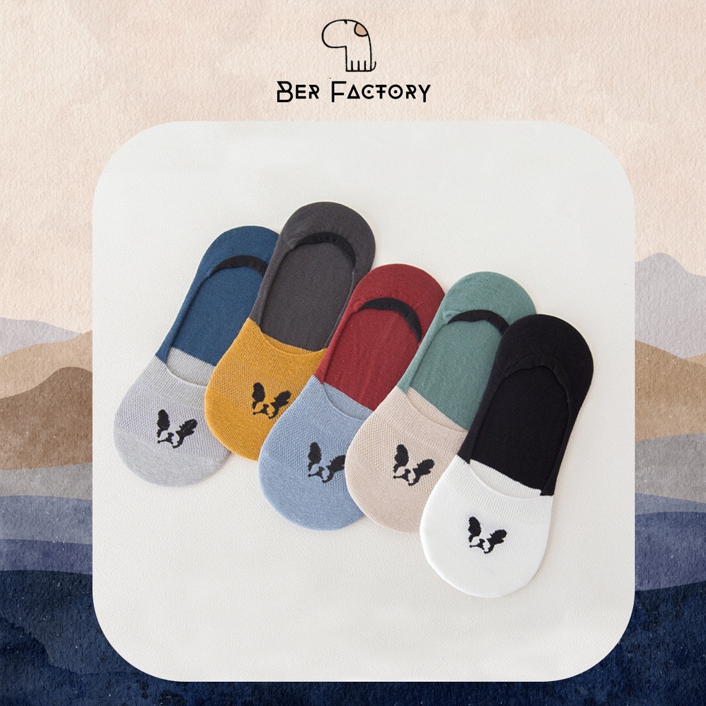 Tất nam Set 5 đôi tất lười nửa bàn chân Super D.&W. hình chó con, cotton cao cấp thoáng khí, chống tụt, chống trơn trượt