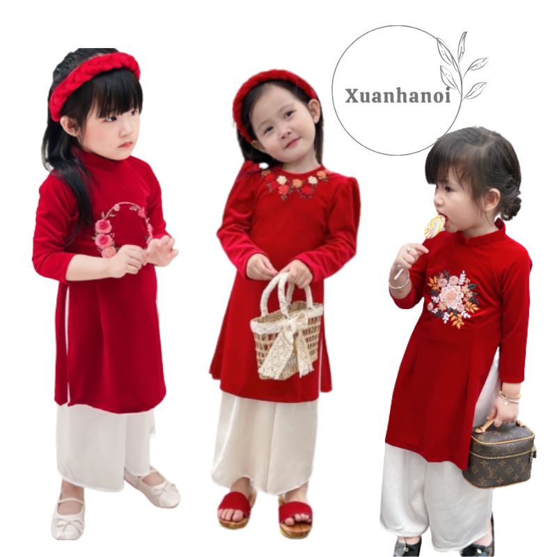 Áo dài nhung đỏ bé gái thêu hoa hồng leo, quần trắng kèm bờm kết kép 8-30kg XHN1123