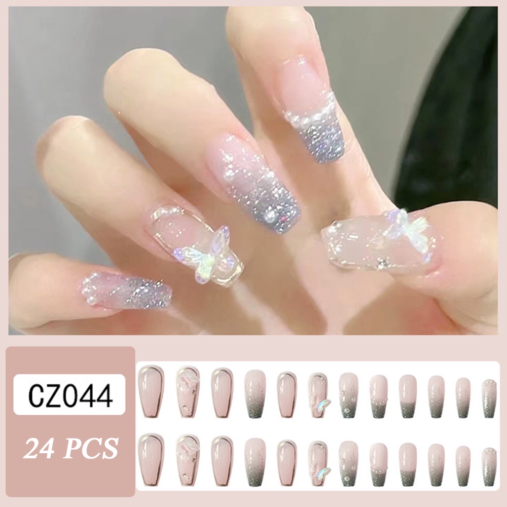 Set 24 móng tay giả màu đen họa tiết hoa/bướm xinh xắn kèm keo dán