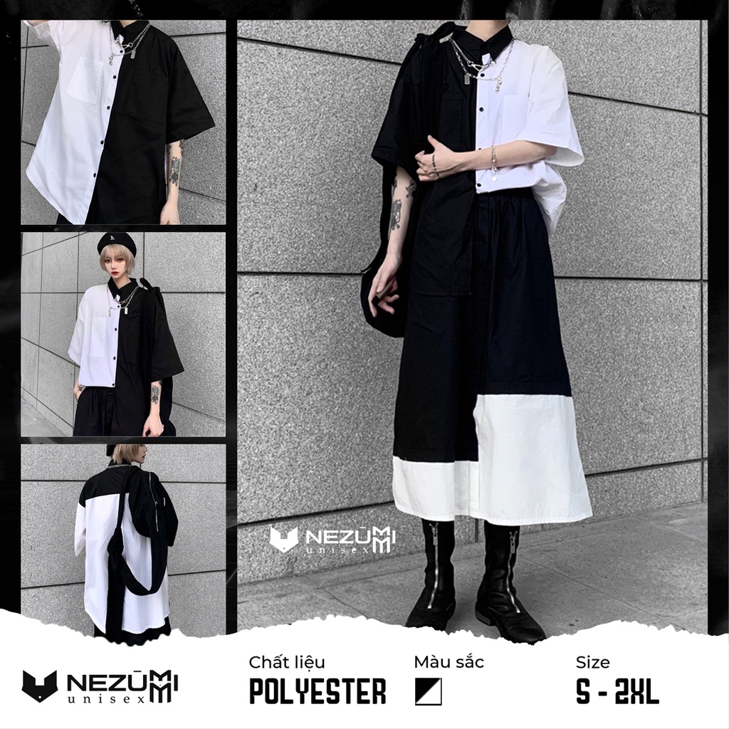 (Sẵn XL) Áo sơ mi tay lỡ túi phối nửa đen trắng túi hộp form rộng unisex nam nữ hip hop cá tính Châu Âu
