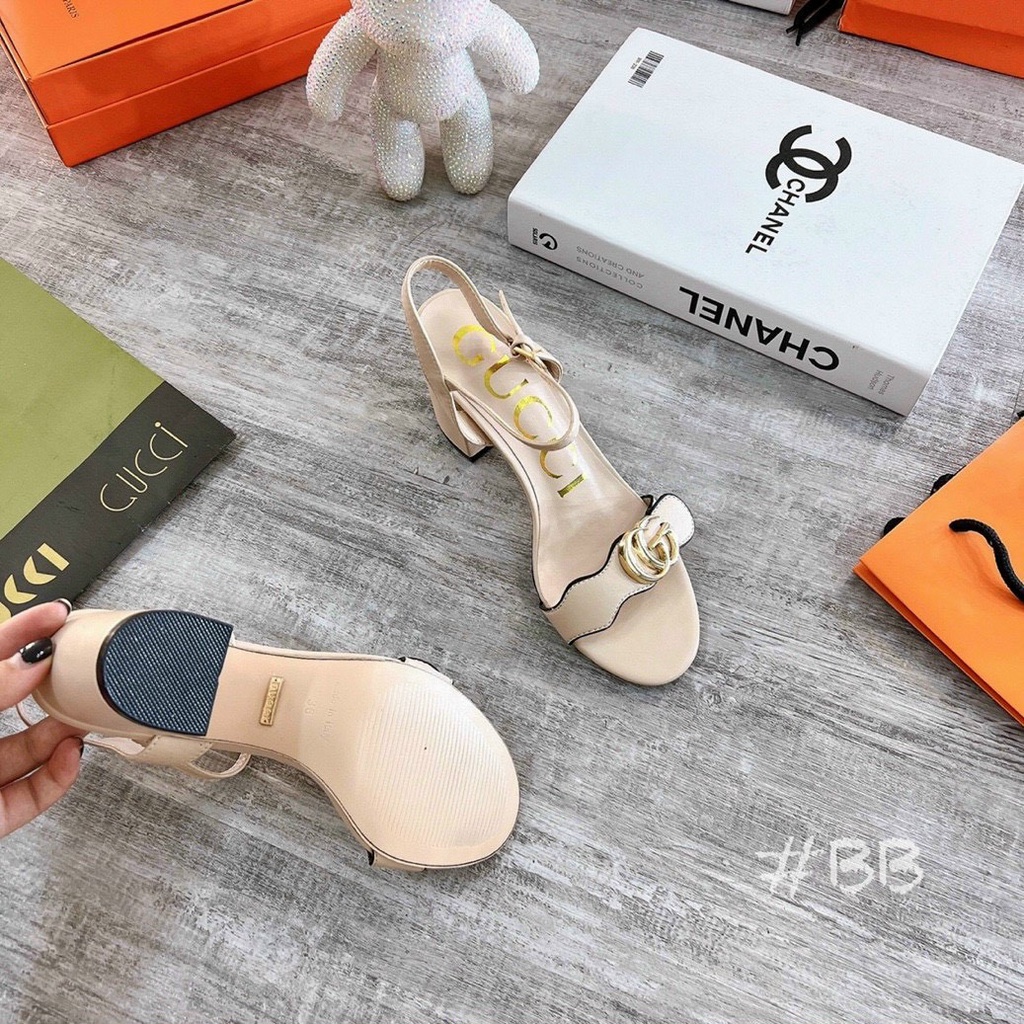 Sandal nữ quai ngang viền đen lượn sóng tag GG gót trụ Nguyên hộp hãng cao cấp