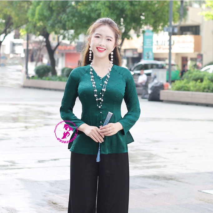 Áo bà ba gấm lụa nữ màu xanh rêu đậm cổ tim - Nam Phương