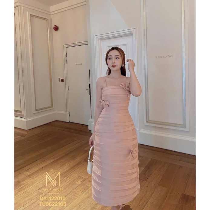Đầm dự tiệc 2 dây phom xoè gắn nơ vải tafta