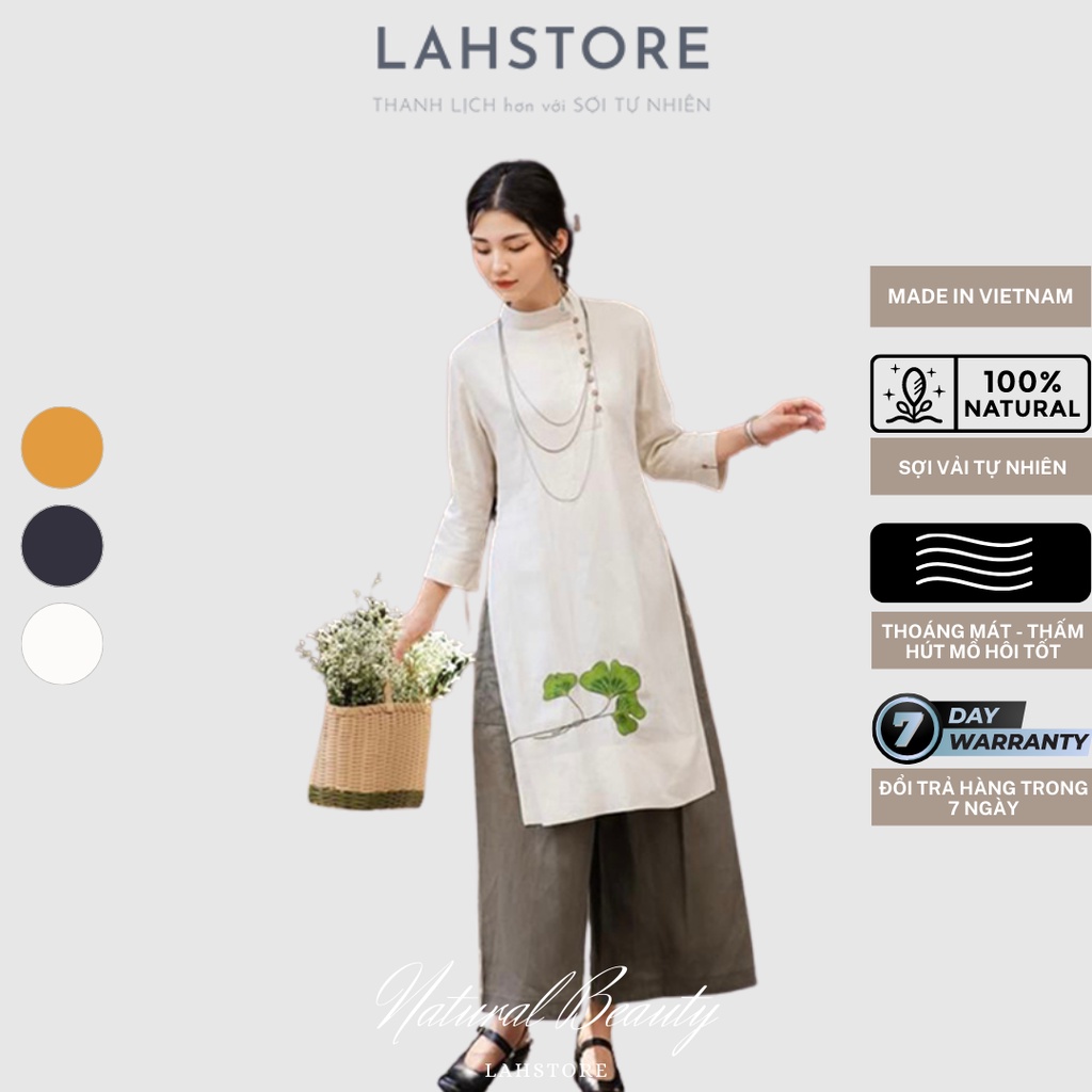 Áo dài cách tân linen tay lỡ LAHSTORE vải linen premium cúc lệch thêu hoa | 𝘉𝘚𝘛 𝘛𝘩𝘶 Đ𝘰̂𝘯𝘨 2022 (Trắng)