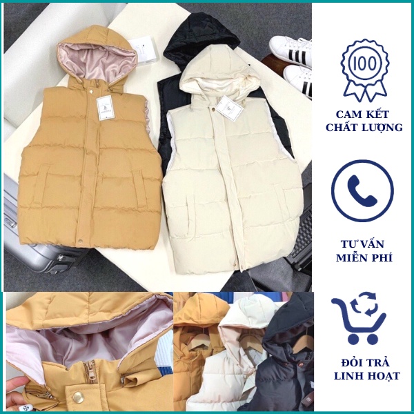 Áo phao nữ trần bông siêu nhẹ áo phao gile nữ có mũ tháo rời áo khoác phao gile nữ form rộng có túi sườn dáng ngắn