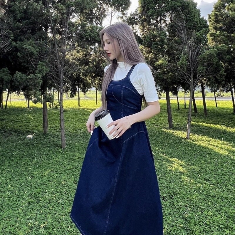 Váy yếm ( đầm yếm ) jean denim viền style hàn quốc