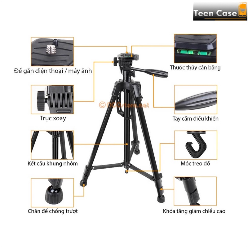 Chân Giá Đỡ Điện Thoại Máy Ảnh 3 Chân Tripod 3366 Cao 1m5 Có Tay Cầm Quay Phim, Chụp Ảnh, Livestream, Tiktok - TeenCase
