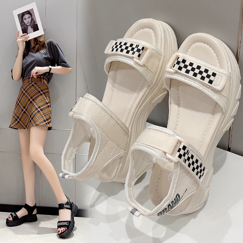 Giày sandal nữ dép quai hậu đế 4.5 cm tôn dáng caro ( quai chữ)