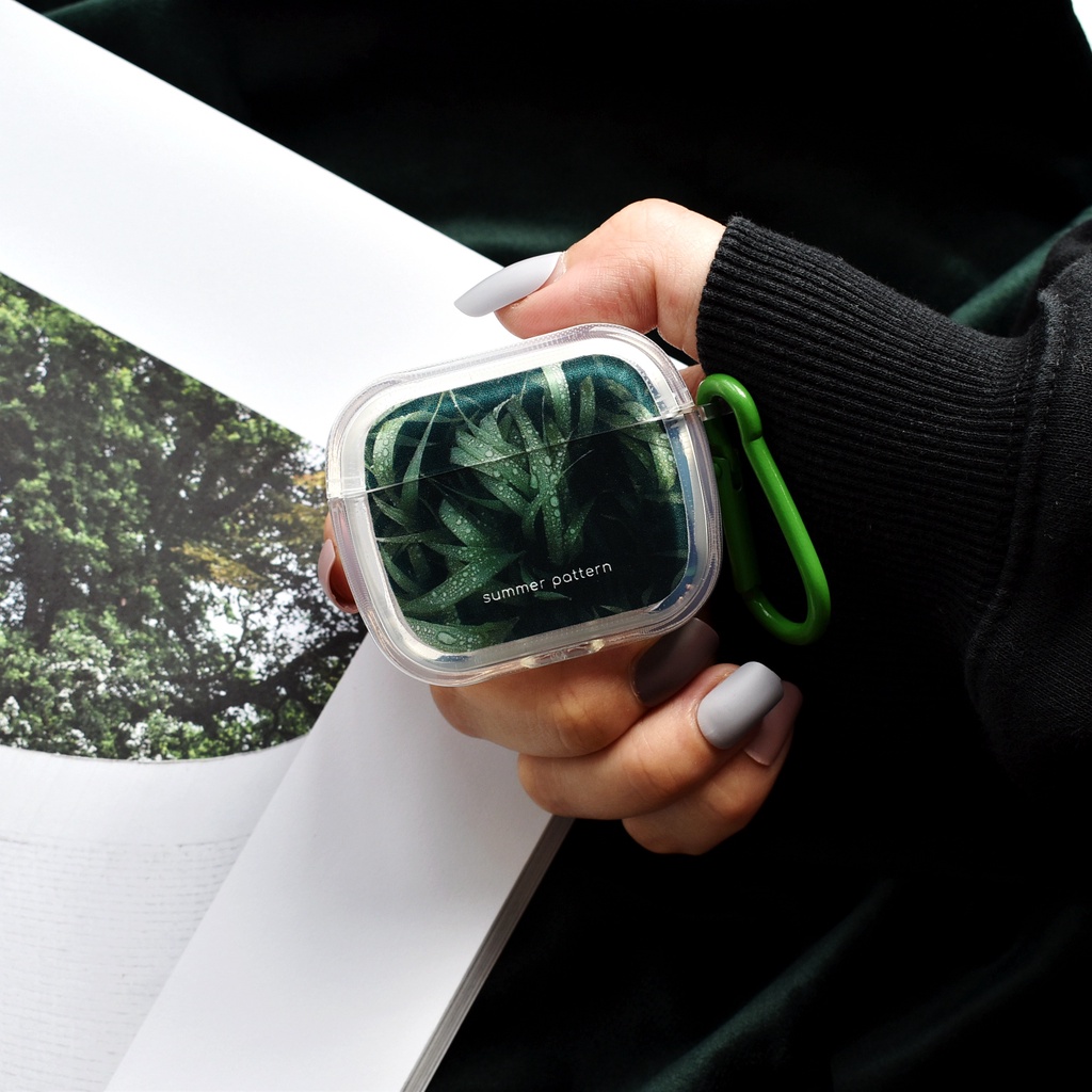 Vỏ Bảo Vệ Hộp Sạc Tai Nghe Bluetooth AirPods 1 2 gen3 Pro2 2022 Bằng TPU + PC Trong Suốt Họa Tiết Lá Xanh Nhỏ Xinh Kèm Móc Chống Rơi Tiện Dụng