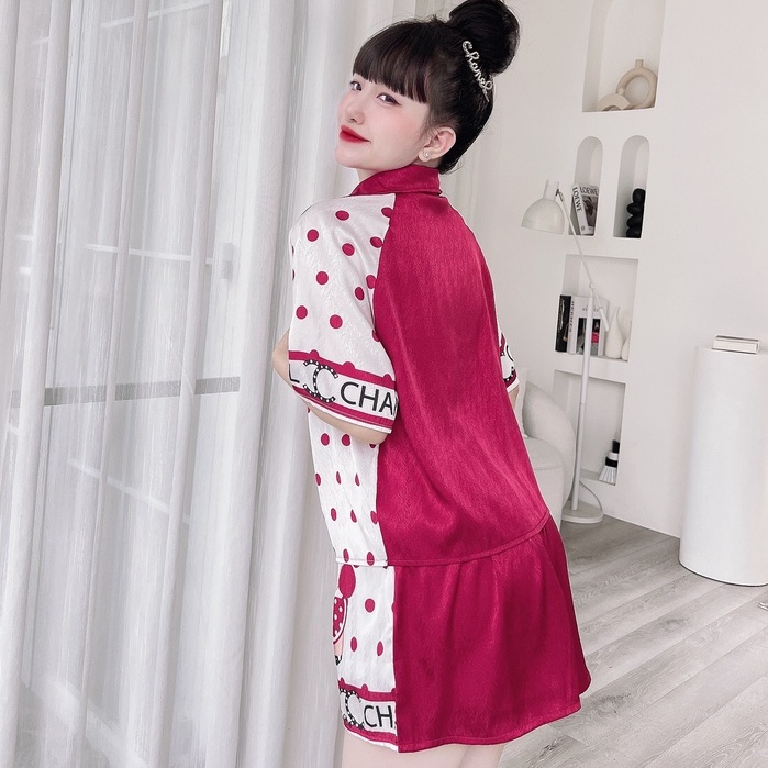 Đồ Mặc Nhà Nữ SOJUN Bộ Pijama CropTop Lụa Xước Tô Châu In 3D Dưới 45-65Kg