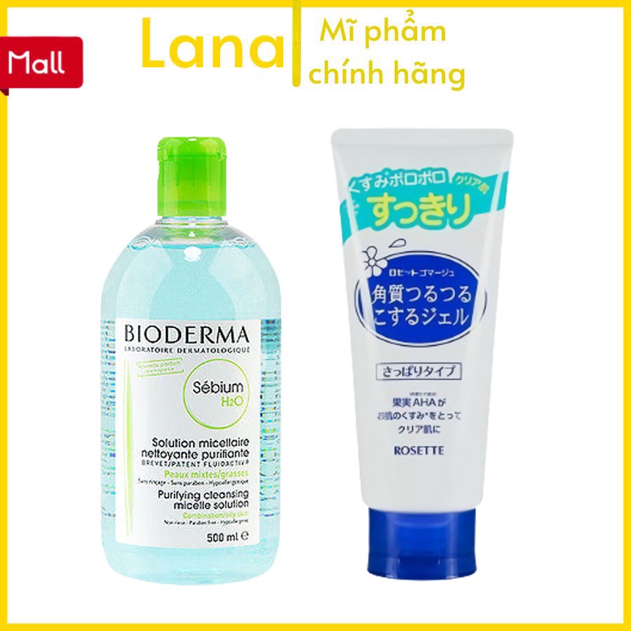 Combo sản phẩm Tẩy trang bioderma + Tẩy tế bào chết rosette chính hãng cho da dầu mụn da tổng hợp Lana cosmetics