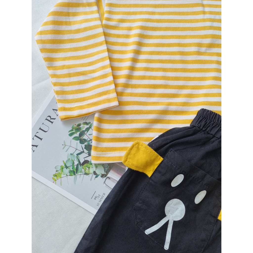 Set Áo Thun, Áo Phông Cotton In Gấu, Kẻ Ngang Kèm Quần Kaki Túi Tai Gấu Cho Bé Trai