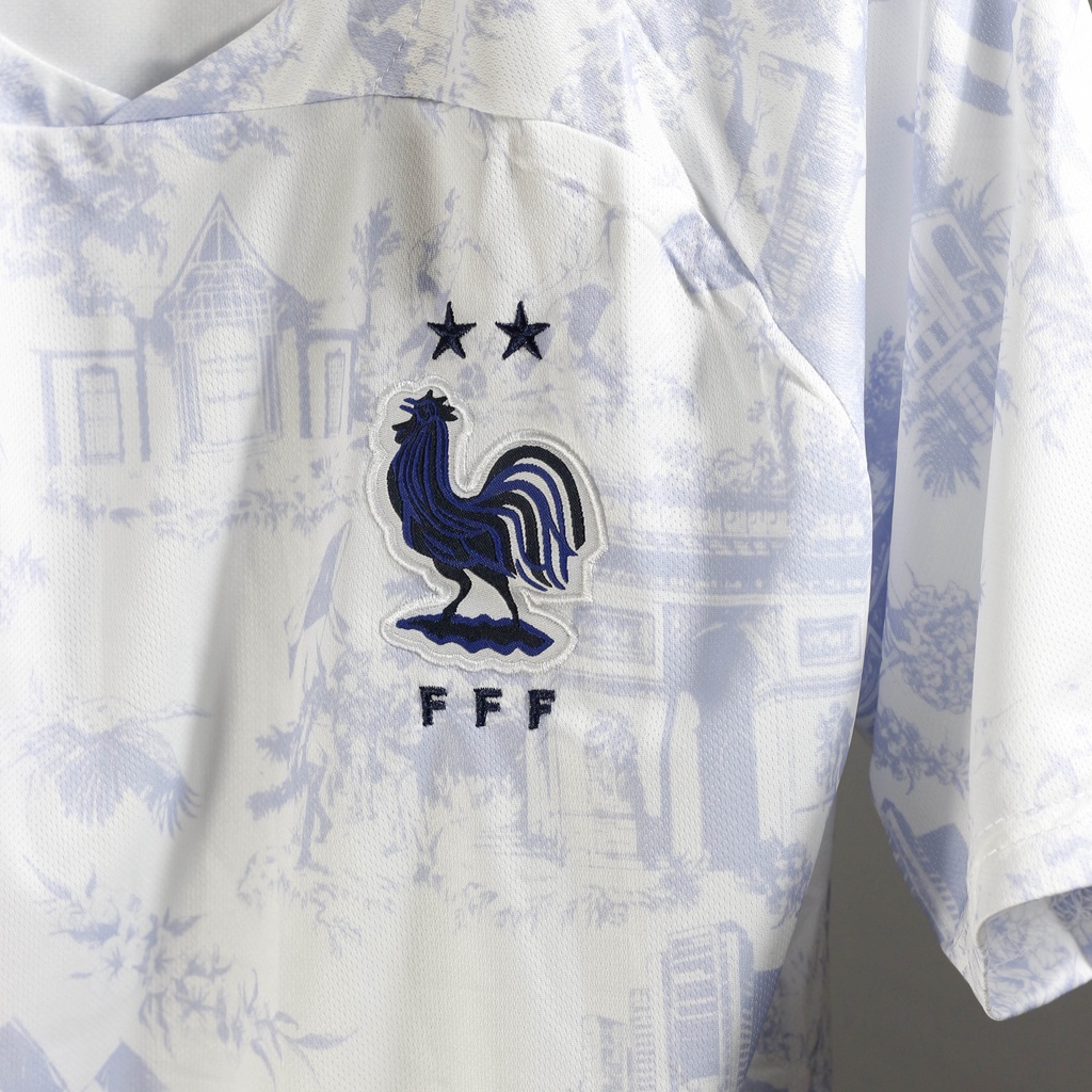 Áo tuyển Pháp sân khách Leaguestore 22/23 - bộ quần áo đá bóng màu trắng họa tiết vải dệt mịn form âu