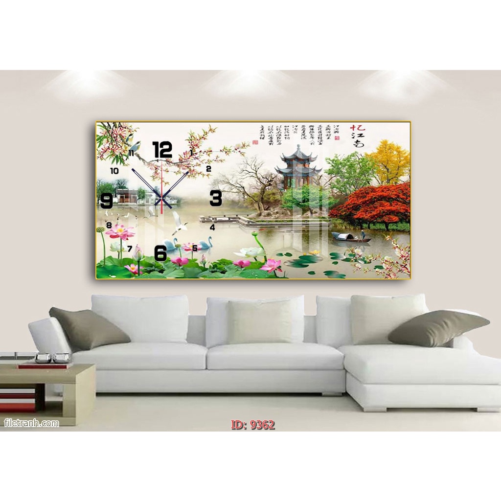 Tranh Đồng Hồ Tráng Gương Phong Cảnh Sông Hồ Thanh Bình - Đồng Hồ Tráng Gương Treo Tường Phòng Làm Việc