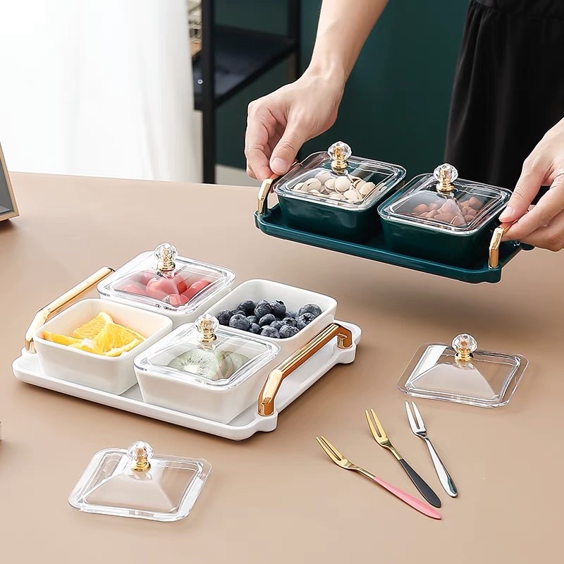 Khay đựng bánh kẹo tết bằng sứ cao cấp 🧧, khay mứt chia ngăn có nắp
