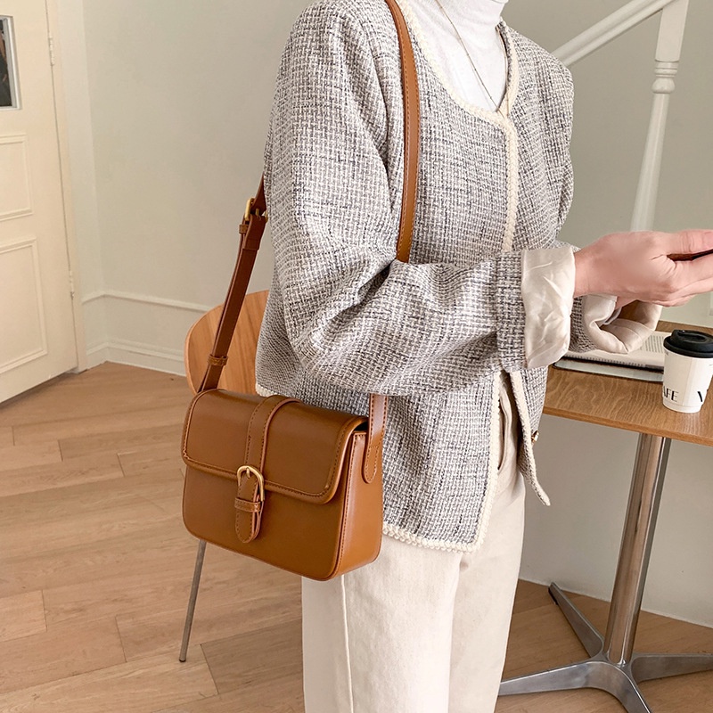 Túi Đeo Chéo Nắp Lật Màu Trơn Phong Cách Hàn Quốc Cổ Điển Cho Nữ